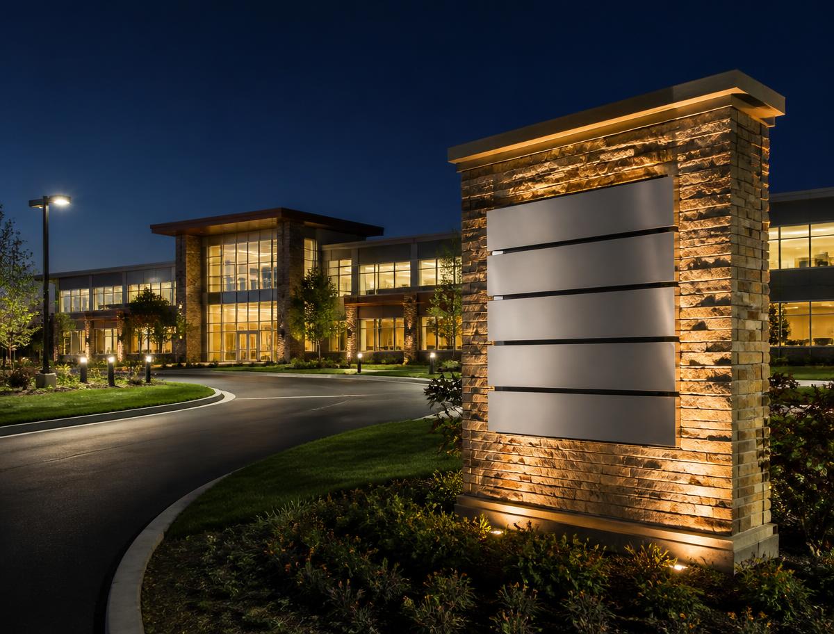 Bluegrass campus monument — Stone-clad monument with internally illuminated tenant panels.