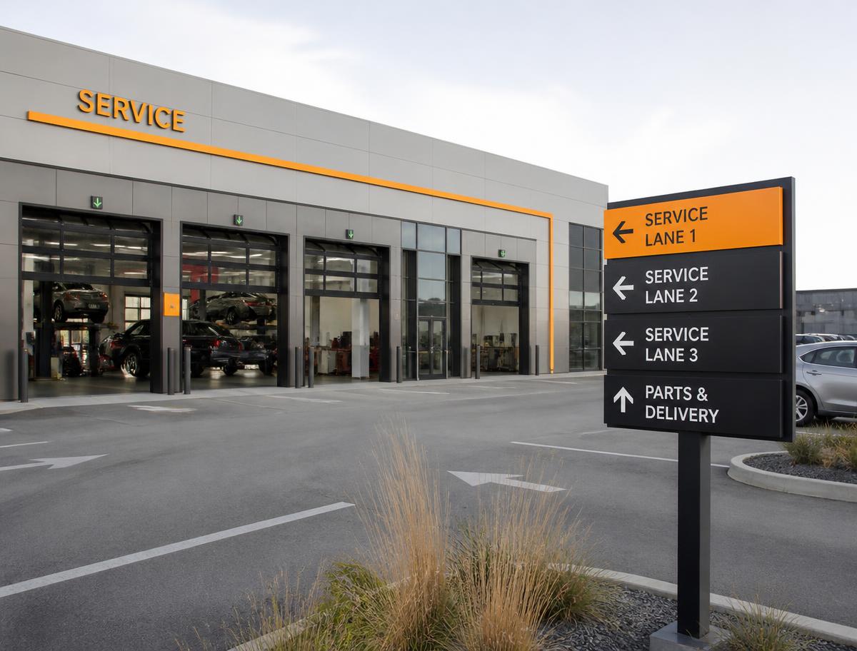 Redline service lane wayfinding — Exterior directional programme guiding customers from entry to service bays.